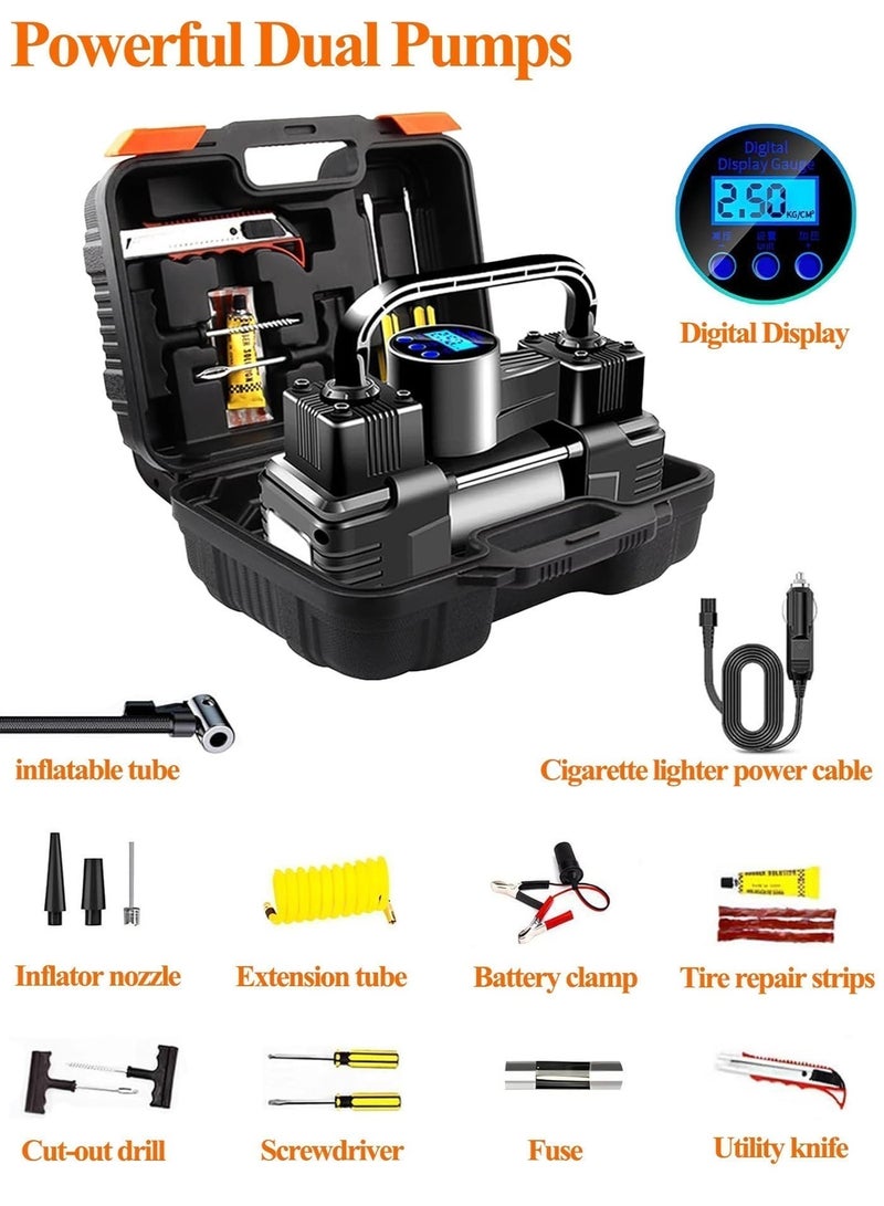 Keysweet Dual Cylinder 150PSI Portable Air Compressor - 12V DC Car Tire Inflator with Digital Pressure Gauge, LED Light & Tire Repair Kit. Electric Air Pump for Cars, Motorcycles, Bikes, Sports Balls. Includes Carry Case - Ideal Travel Gift for Family - Image 2